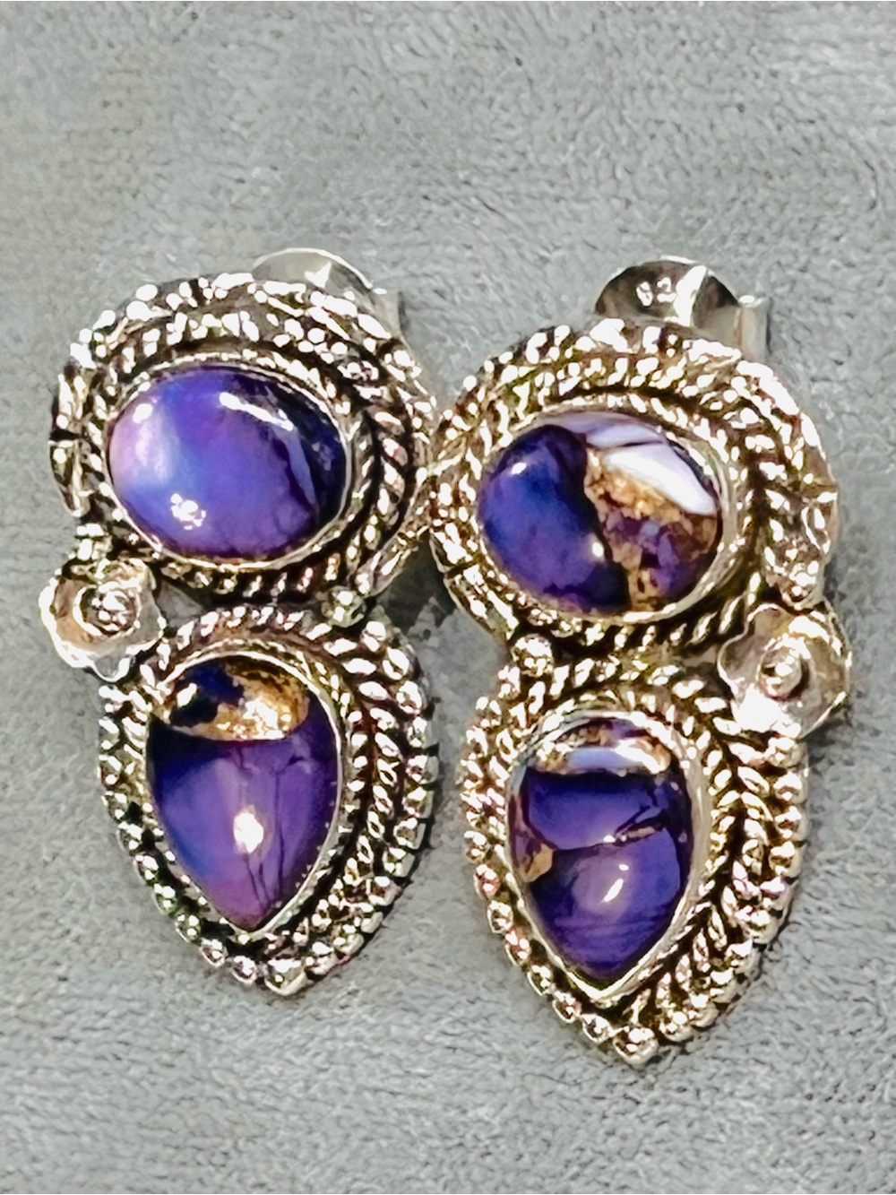Exquisite Genuine Grape Dahlia Turquoise earrings in solid Sterling Silver